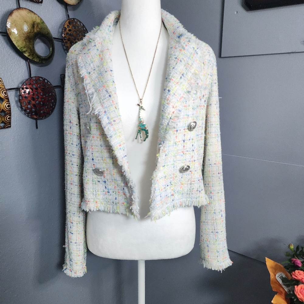 AQUA Blazer Women's Small  White Neon Tweed Cropped Jacket Bloomingdale's NWT